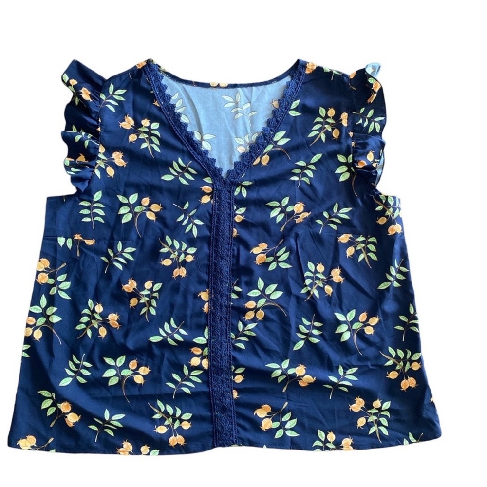 SHEIN Curve 4XL Navy Blue Fruit Print Flutter Sleeve V-Neck Lace Trim Blouse